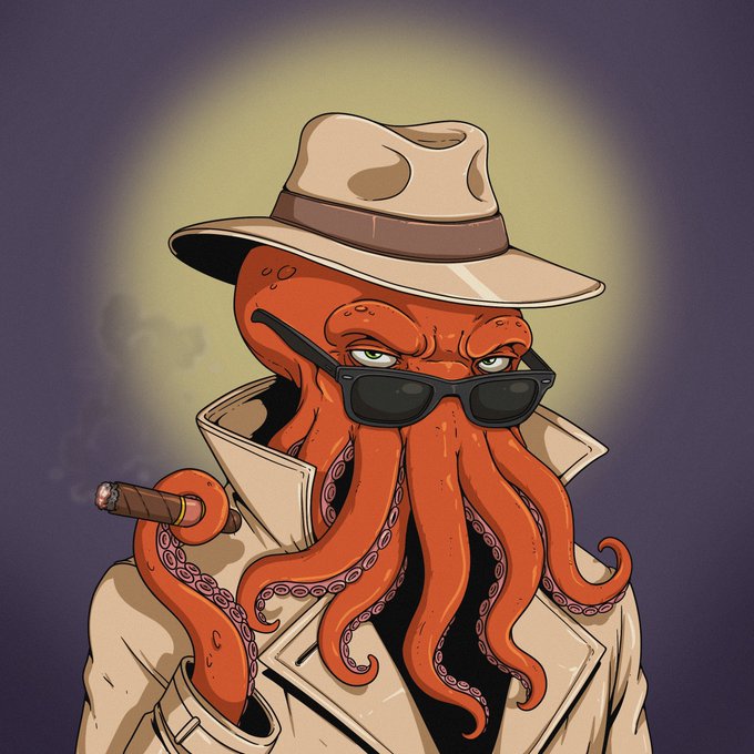 A cartoon illustration features an orange octopus wearing a tan fedora, black sunglasses, and a beige trench coat while smoking a cigar, set against a dark background with a yellow halo.