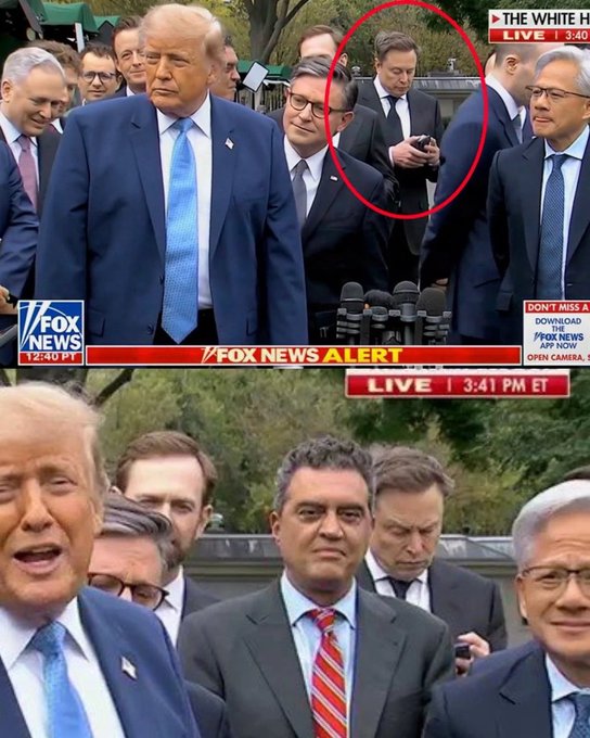Two Fox News broadcast screenshots show President Donald Trump surrounded by staff outside the White House. In both images, a man in the background (circled in red in the top frame) is looking at his mobile device, prompting a 'FOX NEWS ALERT' banner and 'LIVE' timestamp.