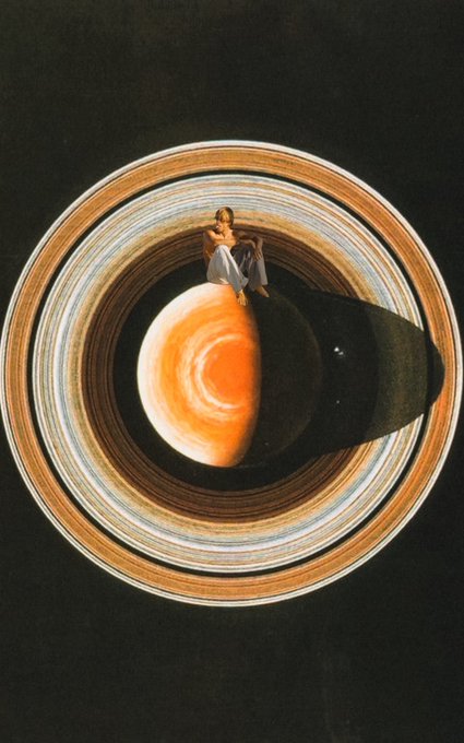 A surrealist painting depicting a woman in a white dress sitting on a giant pearl inside a seashell, with Saturn's rings forming the background.