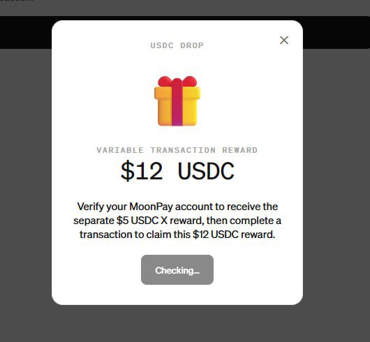 A MoonPay USDC Drop popup displays a $12 USDC Variable Transaction Reward with a "Checking..." button, alongside instructions to verify the MoonPay account for a $5 USDC reward and complete a transaction to claim the $12 reward. The image illustrates the issue raised in the post, showing the reward that users in Bangladesh cannot claim due to MoonPay's KYC and transaction requirements.