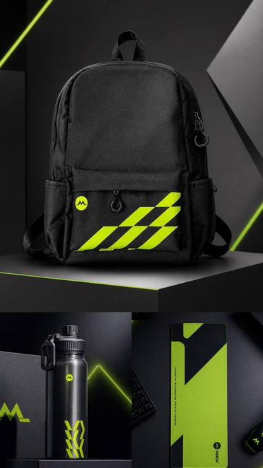 The image showcases MGBX-branded merchandise including a black and neon green backpack, a matching water bottle, and a green box, all displayed against a dark background with glowing green accents. The accompanying post promotes a giveaway by MGBX Exchange offering 5 practical peripherals to participants who like, retweet, and follow their official Twitter accounts.