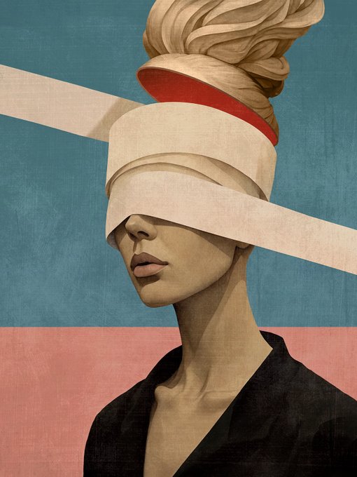 A surreal portrait depicts a woman with an elaborate blindfold wrapped around her eyes and an updo hairstyle, set against a divided blue and pink background. The image visually represents the post's theme of "Open Mind," with the blindfold symbolizing the restrictive mindset being shed to embrace new perspectives in this Tezos NFT release.
