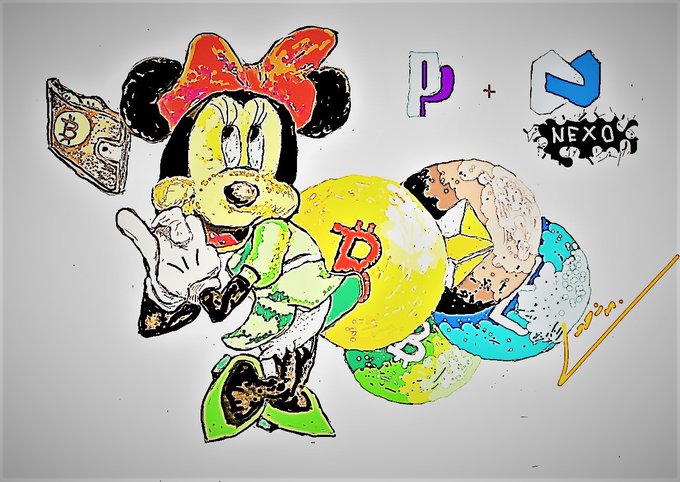 A colorful stylized illustration featuring a Minnie Mouse-like character holding a Bitcoin, with logos for 'P + NEXO' cryptocurrency platforms visible in the upper right.