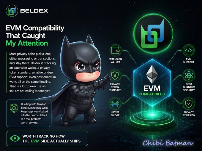 A promotional graphic for "BELDEX" featuring a chibi Batman character alongside text about "EVM Compatibility" and diagrams highlighting features like "EXTENSION WALLET," "NATIVE BRIDGE," and "PRIVACY BY DESIGN."