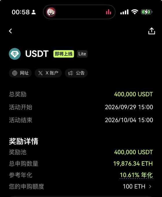 A mobile screen displaying a USDT (Lite) event starting 2026/09/29 with 400,000 USDT total rewards, 19,876.34 ETH subscription, and 10.61% annualized yield.