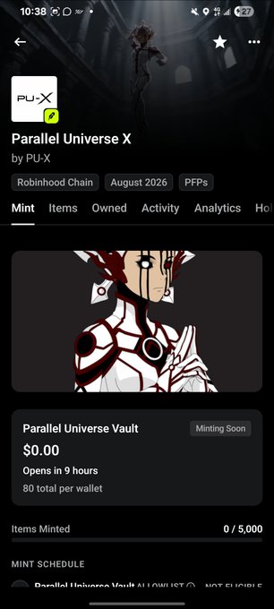 A mobile app interface displays a page for 'Parallel Universe X' by PU-X on the Robinhood Chain, featuring an anime-style character image, tabs for Mint/Items/Owned/Activity, and information about a 'Parallel Universe Vault' minting soon for $0.00 with 0/5,000 items minted.