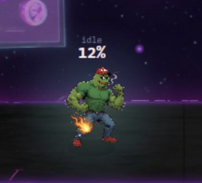 A pixel-art green Pepe character wearing a red "MAGA"-style cap smokes a cigarette while his knee is engulfed in flames, with the text "idle 12%" displayed above him—visually representing "KEK MAXIMUS," the buff Pepe fighter featured in the Super Smash Bt of memecoins.