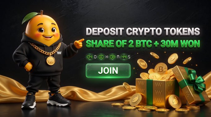 Crypto deposit promotional banner featuring a cartoon mango character in a black hoodie and gold chain, advertising 'DEPOSIT CRYPTO TOKENS - SHARE OF 2 BTC + 30M WON' with a green 'JOIN' button.