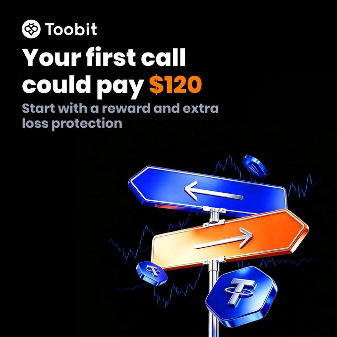 The image is a promotional advertisement for Toobit featuring the text "Your first call could pay $120" and "Start with a reward and extra loss protection," alongside a 3D signpost pointing in two directions with cryptocurrency coin icons. The visual reinforces the post's message about Toobit's Prediction Market, where new users can earn rewards (like 20 USDT) plus up to 100 USDT in loss protection on their first prediction, using the signpost as a metaphor for making a decision to enter the market.