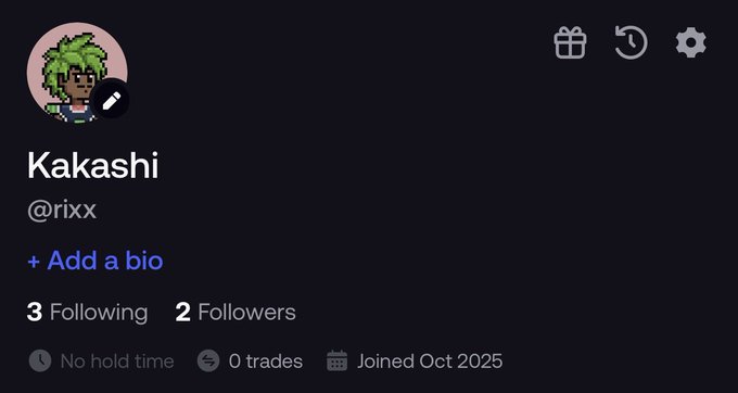 A Twitter/X profile for "Kakashi" (@rixx) featuring a green-haired anime avatar, showing 3 following, 2 followers, 0 trades, and a join date of October 2025, which aligns with the post promoting their referral code "rix" for 10% off trading fees in what appears to be a crypto trading community.