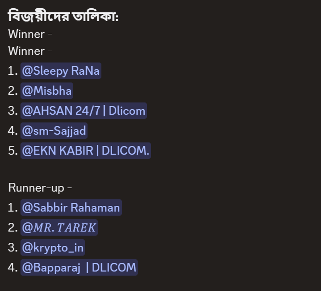 A list in Bengali titled 'বিজয়ীদের তালিকা' (Winners list) showing winners including @Sleepy RaNa, @Misbha, @AHSAN 24/7 | Dlicom, @sm-Sajjad, @EKN KABIR | DLICOM., and runners-up including @Sabbir Rahaman, @MR. TAREK, @krypto_in, and @Bapparaj | DLICOM.