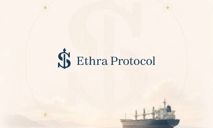 A promotional graphic for 'Ethra Protocol' featuring its logo, a large ship, and a faint dollar sign watermark.