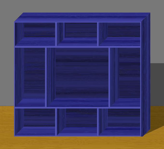 A blue wooden bookshelf with a large central compartment flanked by smaller cubbies sits against a gray wall on a wooden floor.