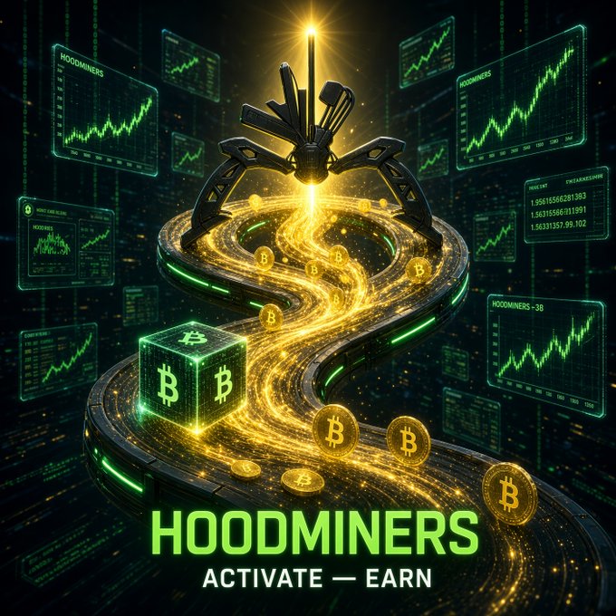 A digital illustration shows a robotic figure standing on a glowing, winding path surrounded by Bitcoin logos, cubes, and floating screens displaying rising stock charts, with text reading "HOODMINERS ACTIVATE — EARN."