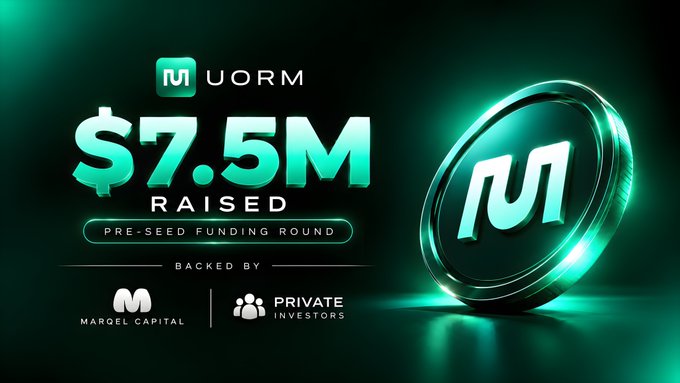 A promotional graphic announcing 'UORM $7.5M RAISED PRE-SEED FUNDING ROUND', backed by 'MARGEL CAPITAL' and 'PRIVATE INVESTORS', featuring a glowing coin with the UORM logo.