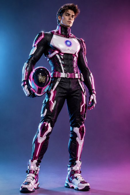 A male figure stands in a futuristic black, white, and pink armored suit, holding a matching helmet under his arm, set against a neon pink and blue gradient background.