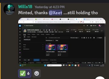 The image shows a computer screen displaying a webpage with a message from someone named "Minted" expressing gratitude for the PEPE Explorers community's hard work, stating that they have successfully cooked up a mint or two. The post also mentions that the Xeeters Syn community has managed to secure their mints manually and is looking forward to the reveal of the new Minting software.