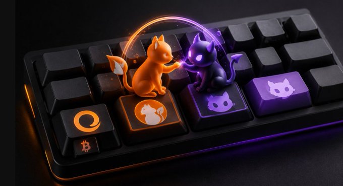 A close-up of a mechanical keyboard features custom keycaps with cartoon devil and cat figures in orange and purple neon lighting, including one key with a Bitcoin symbol.