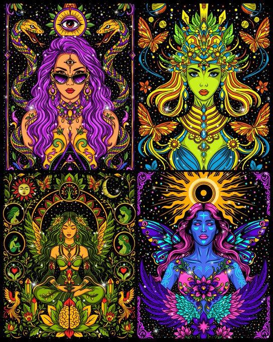 A vibrant, psychedelic four-panel tarot-style artwork featuring colorful female figures adorned with snakes, butterflies, sun motifs, and celestial symbols on a starry background.