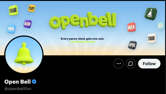 Social media profile for 'Open Bell' (@openbellfun) with tagline 'Every penny stock gets one coin', featuring a green bell logo and colorful floating stock ticker cubes.
