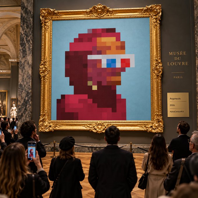 An AI-generated scene inside the Musée du Louvre Paris, where crowds admire a large framed pixel-art portrait of a red figure displayed beside a museum placard reading "Argonauts 2026 AlphaCentaurKid".