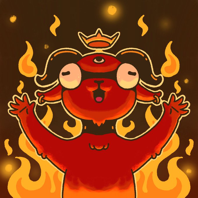 An illustration of a red cartoon bear with a crown and a third eye on its forehead, surrounded by flames against a dark background.