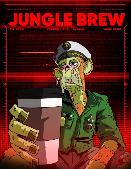 A stylized poster titled "JUNGLE BREW" with red text on a dark red background, featuring a cartoon illustration of a sickly green monkey-like creature in a sailor hat and military jacket holding a coffee cup, with "ID: 9728", "COFFEE LEVEL: INSANE", and "YEAR: 2025" displayed.