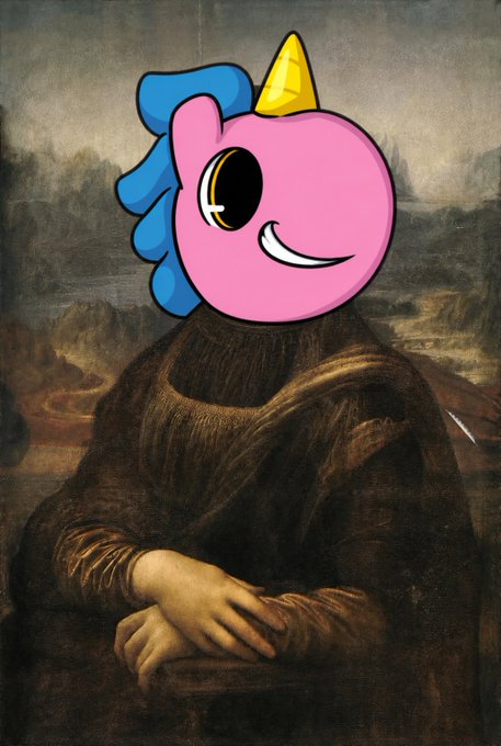 The Mona Lisa painting edited to feature a pink cartoon unicorn head with a yellow horn and blue mane superimposed on the figure.