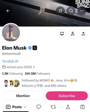 A profile page for Elon Musk (@elonmusk) on a platform called 'SUNNY SPACE' (Terafab.AI) shows he joined June 2009, has 241.5M Followers, and has a pink 'Subscribe' button.