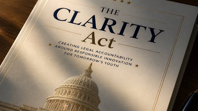 The cover of a document titled 'THE CLARITY Act: Creating Legal Accountability Around Responsible Innovation for Tomorrow's Youth,' featuring an image of the U.S. Capitol dome.