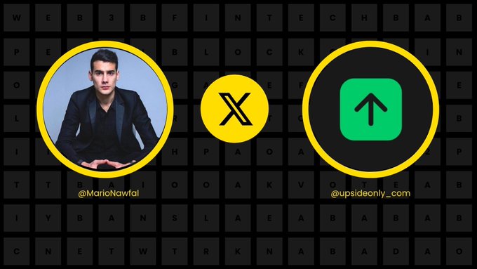 A promotional graphic featuring a photo of @MarioNawfal on the left, a yellow "X" logo in the center, and an upward arrow icon with @upsideonly_com on the right, all displayed over a Wordle-style letter grid background, highlighting upsideonly.com as a platform designed to capitalize on volatile Bitcoin market movements involving massive liquidations and soaring funding rates.