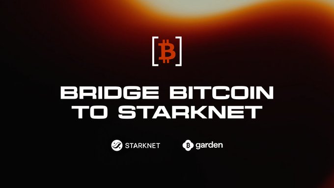 A graphic with a Bitcoin logo and the text 'BRIDGE BITCOIN TO STARKNET' featuring logos for STARKNET and garden at the bottom.