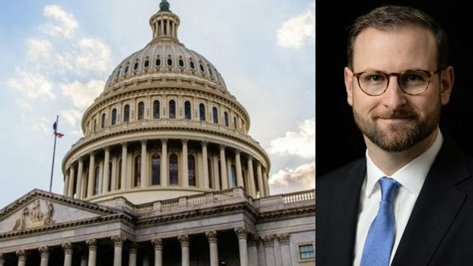 A composite image showing the United States Capitol building on the left and a portrait of a bearded man in glasses, a suit, and a blue tie on the right.