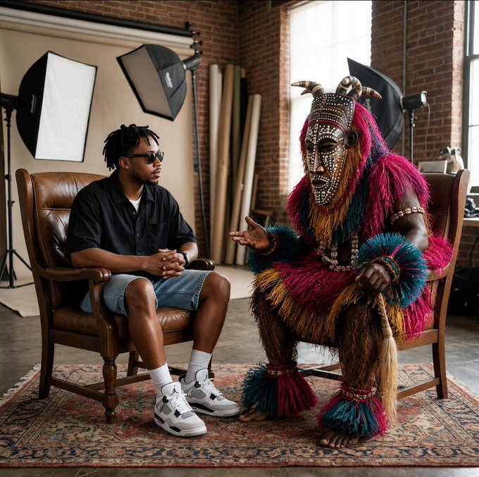 A man in sunglasses and a black shirt sits across from a person in a colorful, elaborate African-style ceremonial costume with a beaded mask and raffia, in a photo studio setting.
