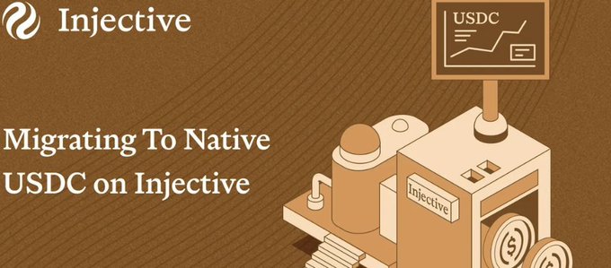 The image features a brown banner with white text that reads "Native USDC migration on @injective is officially LIVE Move from USDCnb or Peggy USDT to native $USDC seamlessly and Unlock faster, cheaper, and more secure DeFi on Injective". The image also includes an illustration of a machine labeled "Native" next to the text.
