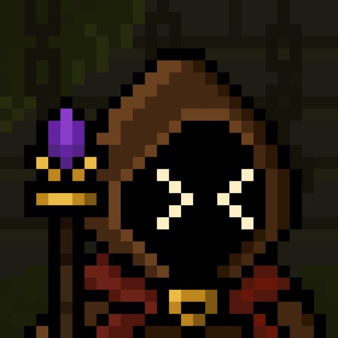 A pixel art image showing a hooded figure with glowing X-shaped eyes and a purple crystal-tipped staff, evoking a mystical wizard or sorcerer character. The dark, atmospheric artwork visually represents the fantasy-themed avatar the user is considering adopting for their profile picture.