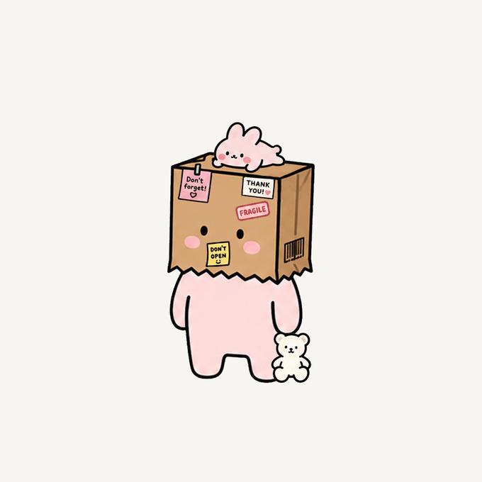 A kawaii-style cartoon figure in a pink onesie wearing a cardboard box on its head adorned with shipping labels reading 'Don't forget!', 'THANK YOU!!', 'FRAGILE', and 'DON'T OPEN', with a small pink bunny on top and holding a tiny teddy bear.