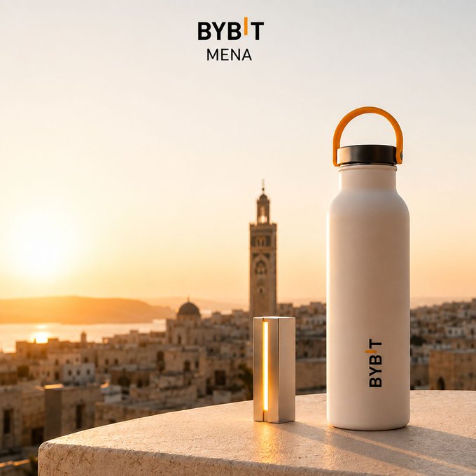 A promotional image for 'BYBIT MENA' showing a beige water bottle and a small glowing device on a stone ledge with a Mediterranean coastal city and tower visible at sunset in the background.