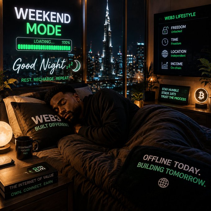 A stylized image of a man sleeping in a bed at night with neon graphics reading "WEEKEND MODE," "Good Night," and "Rest. Recharge. Repeat.," along with a "Web3 Lifestyle" panel showing freedom, time, location, and income metrics.