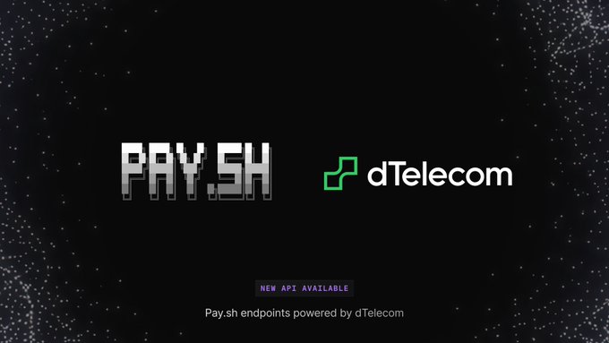 The image is a promotional graphic with a dark, starry background displaying the logos "PAY.SH" and "dTelecom," along with a purple badge reading "NEW API AVAILABLE" and text stating "Pay.sh endpoints powered by dTelecom." It visually announces the integration of dTelecom's real-time voice services (including WebRTC, speech-to-text, and text-to-speech) onto the Pay.sh platform, matching the post's announcement of live voice endpoints.
