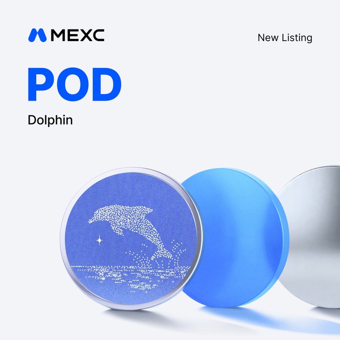 A promotional graphic for MEXC exchange announcing the new listing of $POD (Dolphin) token, featuring the MEXC logo, "New Listing" header, and a stylized 3D coin design with a pixelated dolphin illustration, corresponding to the announcement of $POD/USDT trading on August 22, 2026.
