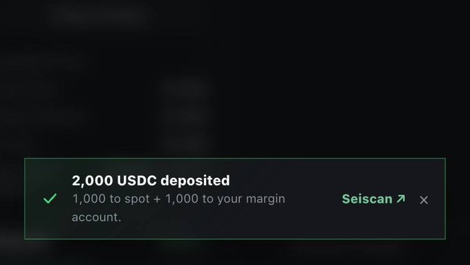 A notification reads "2,000 USDC deposited — 1,000 to spot + 1,000 to your margin account," linking to Seiscan, likely showcasing a successful testnet deposit as suggested by the post about being locked in on testnet.