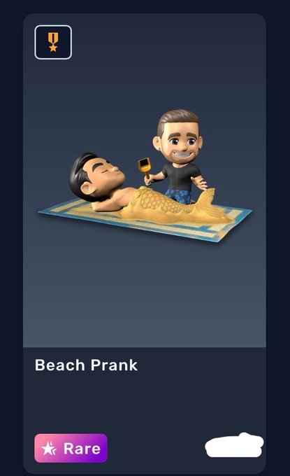 A 3D-rendered collectible card titled 'Beach Prank' labeled 'Rare', depicting a cartoon man using a brush on a mermaid figure lying on a towel.