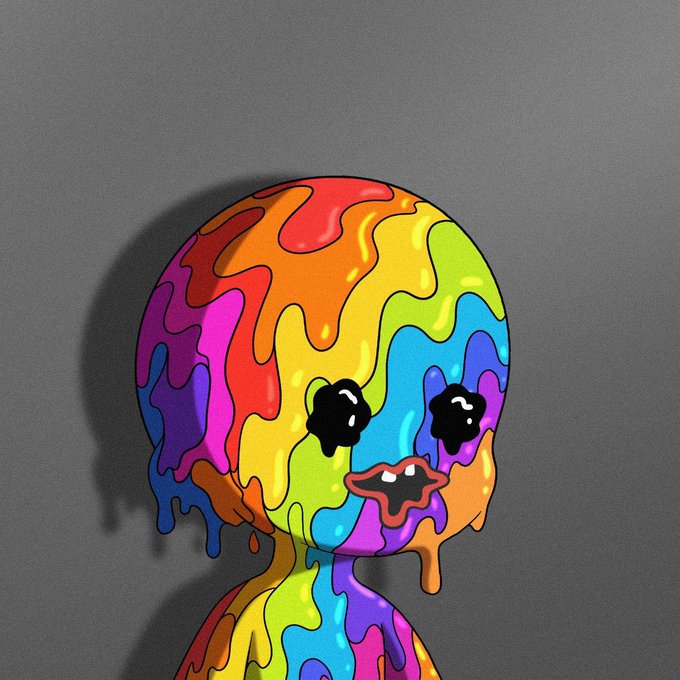 A cartoon figure with a melting rainbow-colored body, glossy black eyes, and a small fanged mouth stands against a gray background. The colorful, dripping aesthetic ties in with the playful "gm" (good morning) post, fitting a lighthearted crypto or NFT-style greeting.