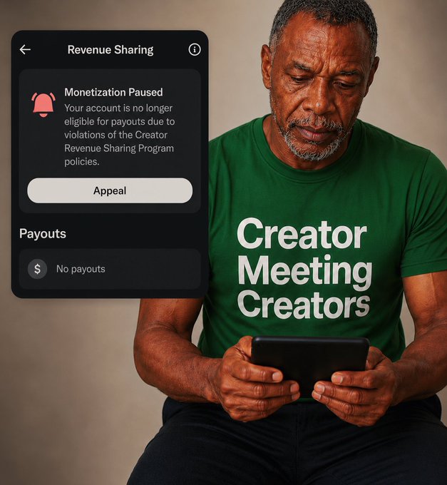 A man wearing a green 'Creator Meeting Creators' t-shirt looks down at his phone, while a pop-up shows 'Revenue Sharing' has been paused due to policy violations, with 'No payouts' listed and an 'Appeal' button.