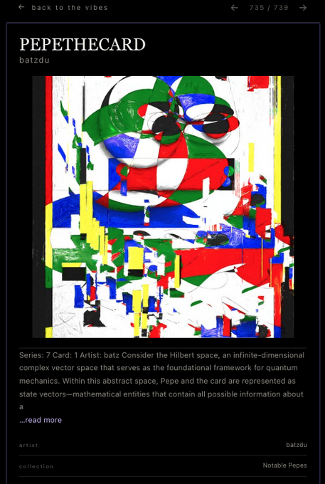 A digital artwork titled 'PEPETHECARD' by batzdu, featuring an abstract, glitchy Pep the Frog composition in red, green, blue, and white.