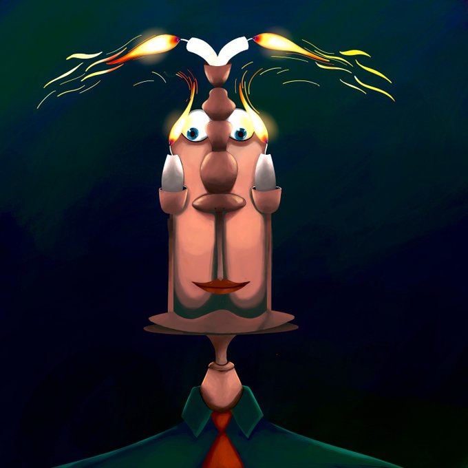 A surreal digital illustration depicts a tall, elongated face with a candle-like nose, two lit candles on the head, and molten wax-flaming eyebrows against a dark green background.