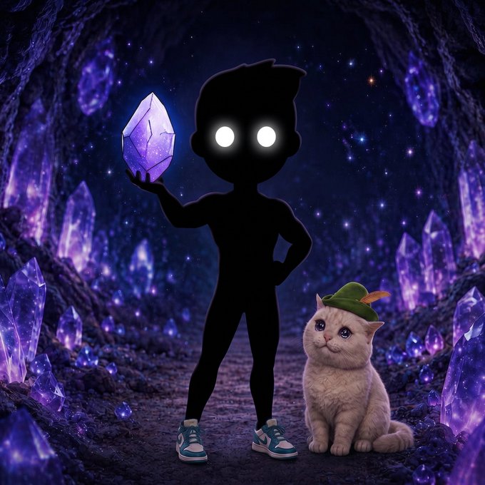 A digital artwork showing a cartoon character silhouette with glowing white eyes holding a glowing purple crystal, standing next to a white cat wearing a green Robin Hood-like hat, set in a crystal cave.