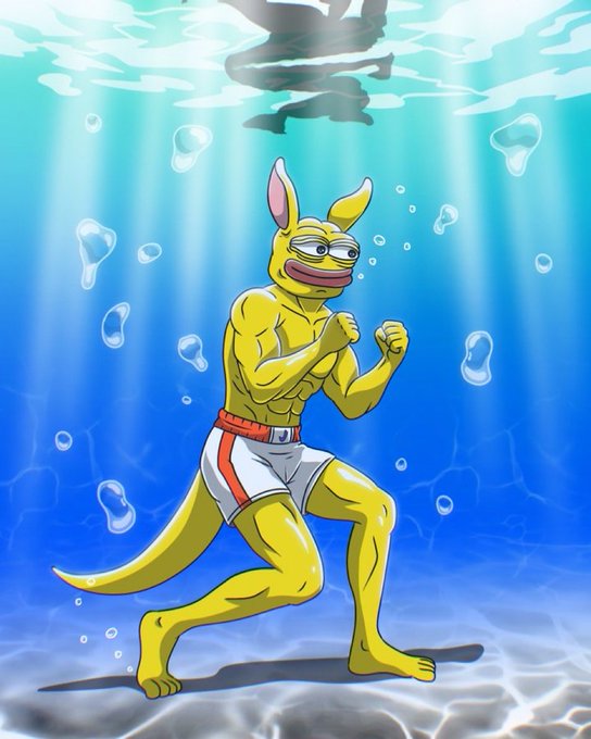 An illustration of a muscular, anthropomorphic kangaroo wearing boxing shorts and a belt, posed in a fighting stance underwater.