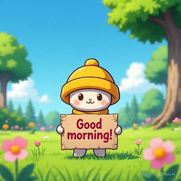 A cute cartoon character wearing a yellow hat and coat holding a cardboard sign that says "Good morning!" in a grassy field with flowers, trees, and a blue sky, watermarked with "Meta AI."